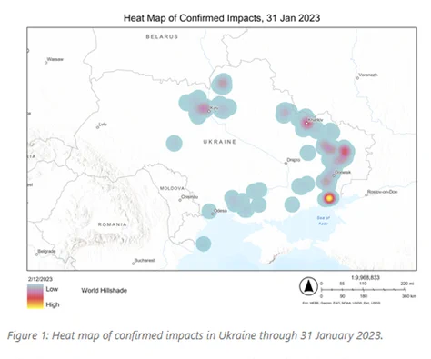 Image of a Heat Map of confirmed impacts in Ukraine through 31 January 2023.