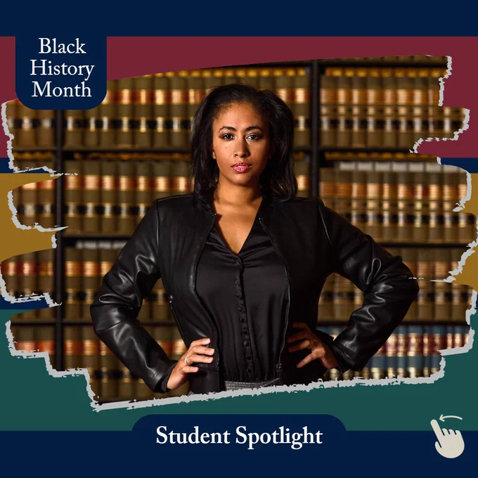 Three separate lines colored red (top), gold (center) and green (bottom) sit on a dark navy blue background with text that reads 'Black History Month' on the top left corner; a headshot of a woman is in the center; and text that reads ‘Student Spotlight’ at the bottom