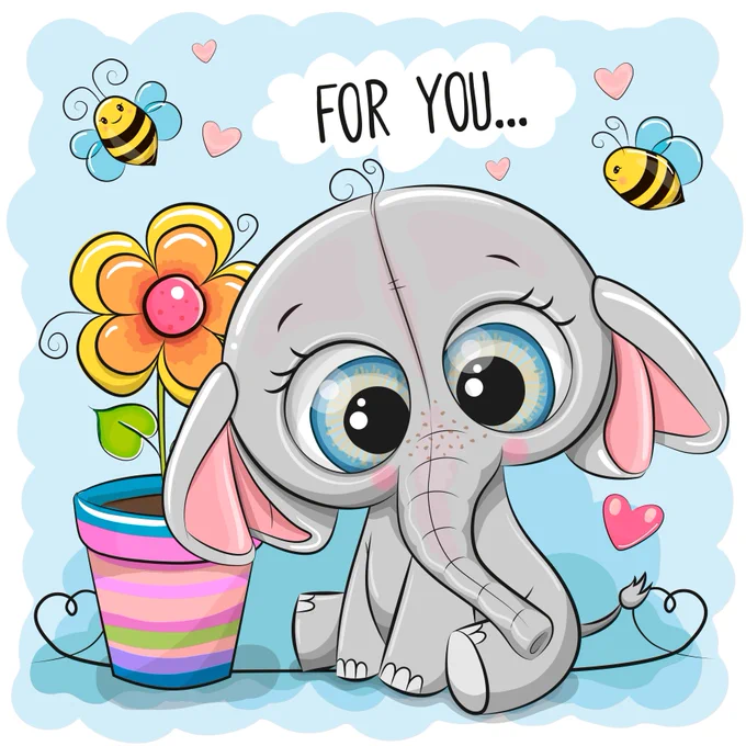 A cartoon elephant sitting with a flower in a pot and some bees, with the words For You above its head and some love hearts