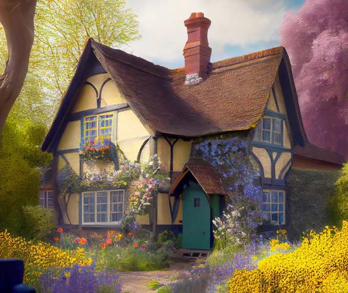 Illustration of a thatched yellow cottage with wood beams and flowers in the garden
