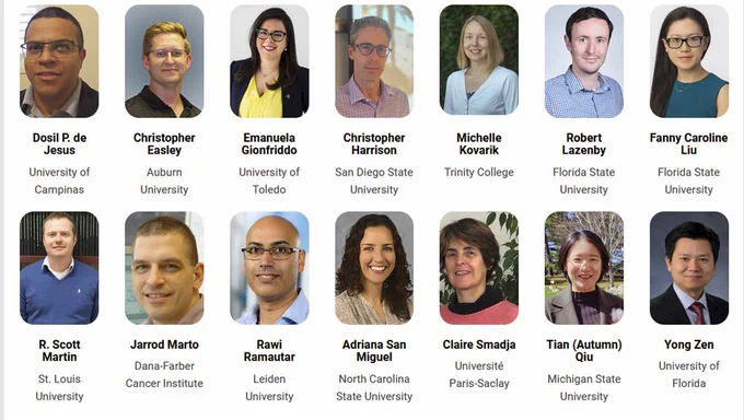 Faces, names, and affiliations of the 14 current members of the Scientific Organizing committee for MSB 2023.  All names and info is written out and accessible at https://msb-conferences.org/.