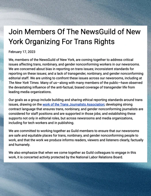 A statement from members of the NewsGuild of New York organizing for trans rights. The statement is too long for twitter’s alt text, so it can be read in full at bit.ly/transnewsguild