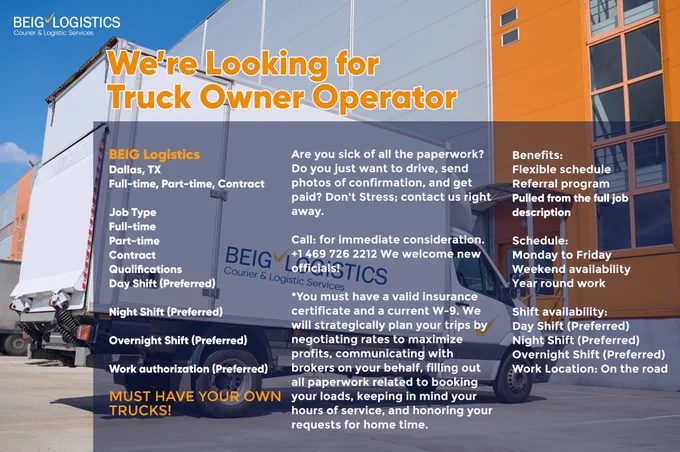 Are you a trucking owner looking to increase your income? 
BEIG Logistics is the perfect solution. Our platform connects you with reliable, high-paying customers and helps you easily manage your business. Plus, with our secure payment system, you can rest assured that you'll get paid on time every time. Our partners are already seeing an average of 15% more income than before joining us. Join the thousands of successful trucking owners who have already partnered with us and start earning more today!
Call us today or visit www.beiginvestlogistics.com to learn more about this opportunity!
#shipping #freightforwarder #securedpackage #supplychainsolution #dallastx #businesspartner #oncalldelivery #express #transportcompany #rushdelivery #logisticssolutions #cargo #trucking #fleet #truckers #ecommerce #usa #trustedcourier #boxtruck #freight #logisticpro #logistics #courierservices #courier #samedaydelivery #pickuptodropoff #delivery #supplychain #localcourier #smallbusiness
