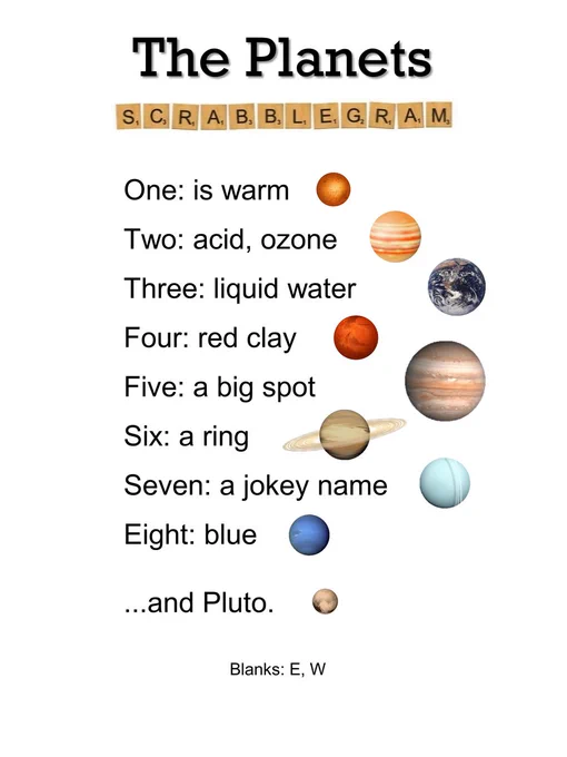 One: is warm
 
Two: acid, ozone
 
Three: liquid water
 
Four: red clay
 
Five: a big spot
 
Six: a ring
 
Seven: a jokey name
 
Eight: blue
 
...and Pluto.

Blanks: E, W
