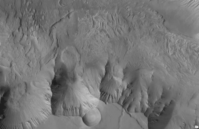 Top view of two large landslides on Mars in a region where presence of past ice has been suggested