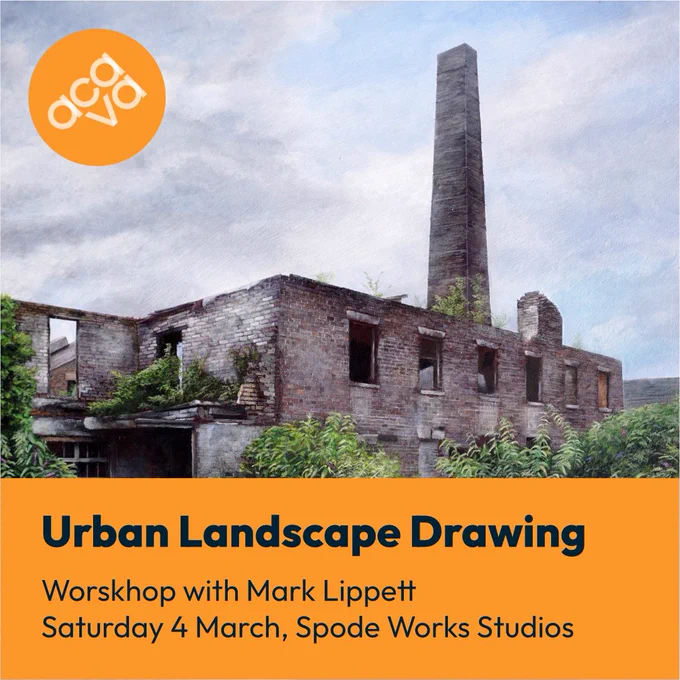 Square e-flyer with the info above and a hyper realistic painting of the dilapidated facade of an abandoned industrial site, a black sofa among weeds and debris