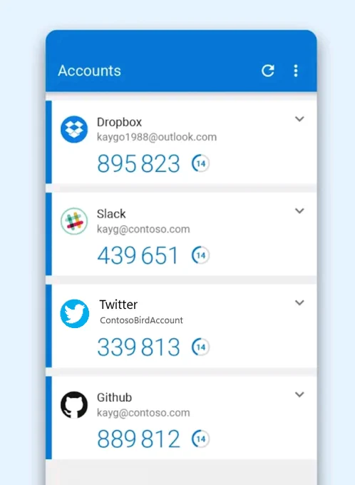 Showing a random mock up of the MS Authenticator app with twitter, dropbox, slack, and github accounts added