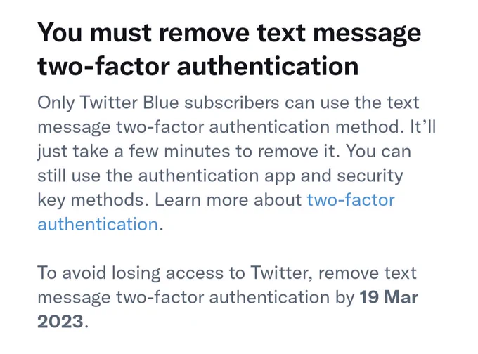 Screenshot of notification from Twitter saying that only Twitter Blue subscribers can have text message authentication turned on.