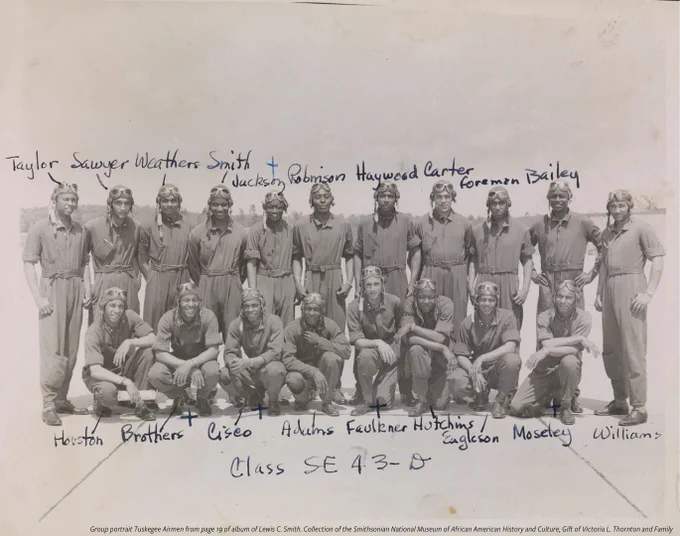  The photograph depicts the nineteen members of the Tuskegee Airmen class SE-43-D. The men are in two rows. The front row of men are kneeling or squatting down in front of the back row. All of the men are wearing training uniforms, aviator helmets and goggles. The last name of every person is handwritten next to them in black ink.