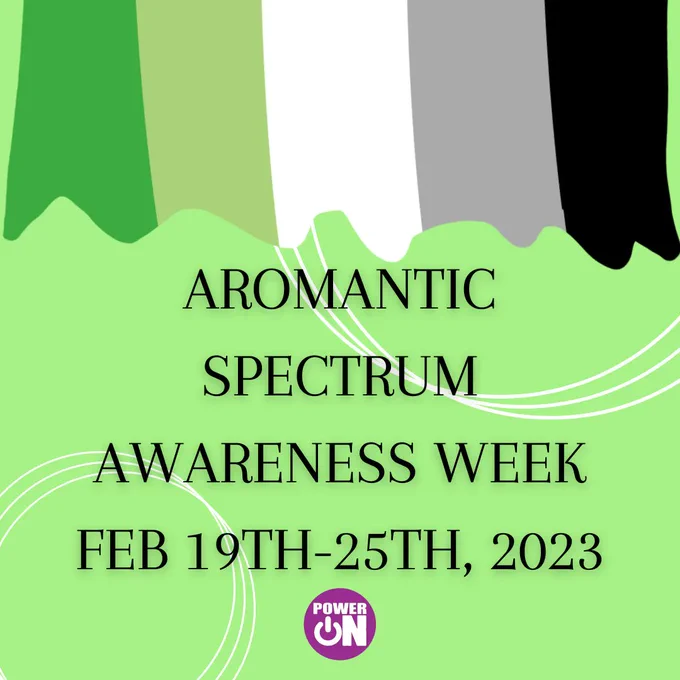 The words "Aromantic Spectrum Awareness Week Feb 19th-25th, 2023" against a light green background with white circles and a drawing of the aromantic pride flag above. The PowerOn logo appears at the bottom.