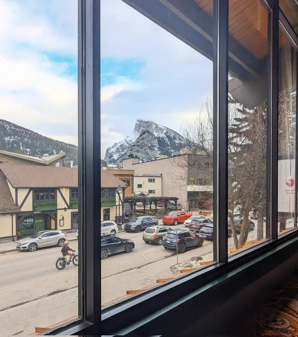 View from the conference venue. Mountain and street. 