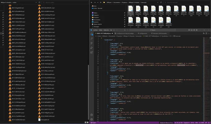 Captura de pantalla donde se ve la carpeta de los audios de vídeos, la carpeta de transcripciones creadas a partir de esos audios, y una de las transcripciones abiertas que puede ser leída en formato JSON.