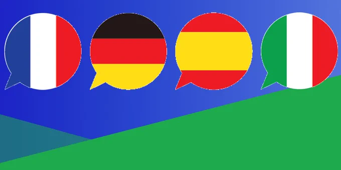 French, German, Spanish and Italian flags in speech bubbles