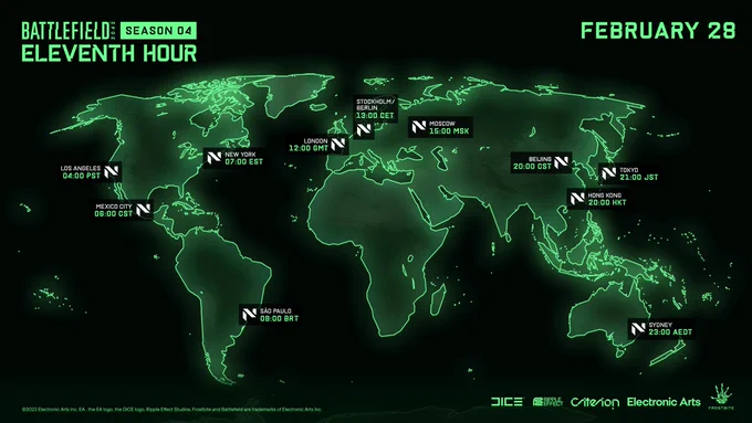 A picture showing the world map with the release time of Season 4: Eleventh Hour on top of some countries.

Season 4 launches tomorrow (Feb 28) at 16:00 UTC