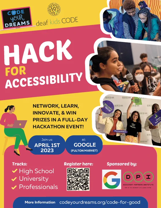 Hack for Accessibility event flyer - sponsored by Google on April 1st, 2023. QR code to register.
