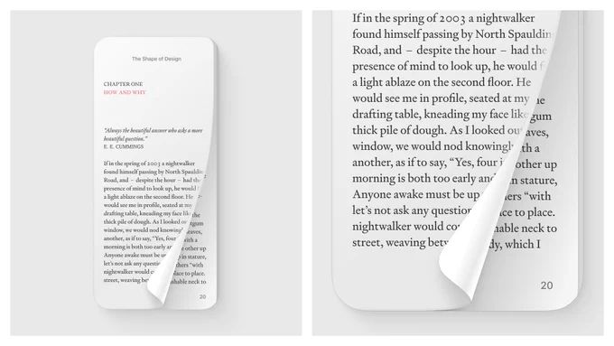 The user interface of a book-like app reveals a page of text, with the front page curled back to give a glimpse of the content beneath. Subtle shadows and minimal colour use create a realistic representation of physical books.