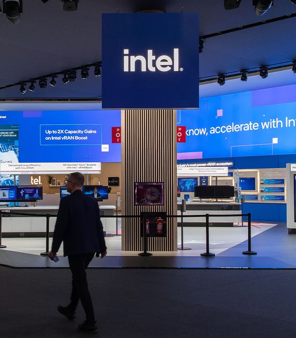 Intel booth at Mobile World Congress 2023 in Barcelona, Spain