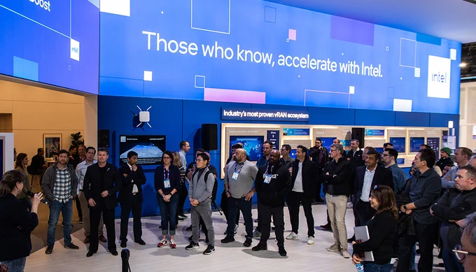Queue of people at the Intel booth at Mobile World Congress 2023 in Barcelona, Spain