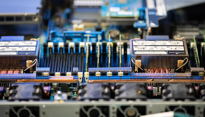 A computer motherboard on display at Mobile World Congress 2023 in Barcelona, Spain.