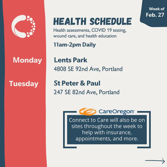 Image has a white background and a red column on the left side with English text reading “Health Schedule. Week of February 27. Health assessments, COVID 19 testing, wound care, and health education will be from 11 am - 2pm. Lents Park on Monday, and St. Peter & Paul on Tuesday. Care Oregon Connect to Care will also be on sites throughout the week to help with insurance, appointments, and more.”