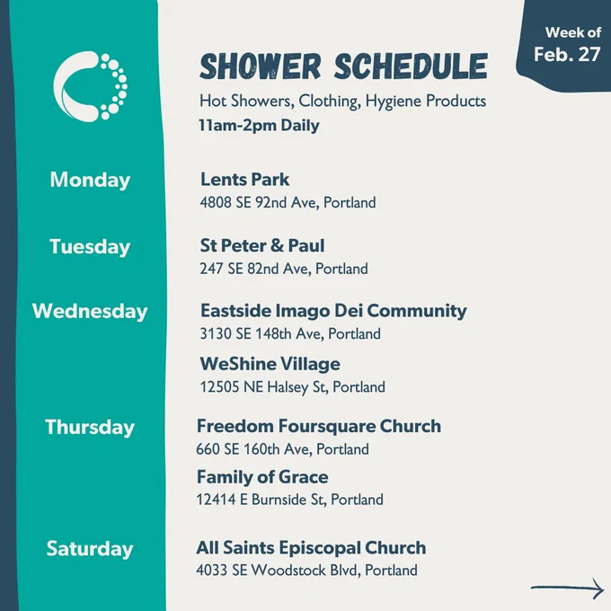 The image has a white background and a blue column on the left side with English text reading “Shower Schedule. Week of February 27. Hot showers, clothing and hygiene products at all sites will be from 11 am - 2 pm. Lents Park on Monday, St Peter & Paul on Tuesday, WeShine Village and Eastside Imago Dei on Wednesday, Freedom Foursquare Church and Family of Grace on Thursday, All Saints Episcopal Church on Saturday.”