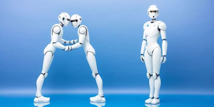 Three robots posing to spell the letters "A" and "I".