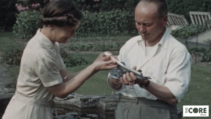 A man holds a pigeon while a woman inserts a rolled up piece of paper into a tube on the pigeon's back