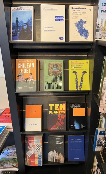 A display of books in a bookshop, 4 rows of three books, the first book on row 3 is the orange and white book