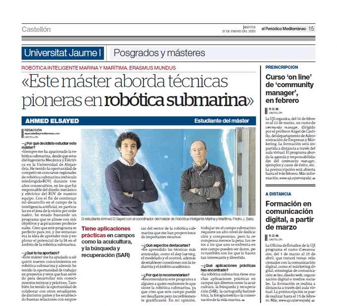 Interview of Ahmed Elsayed, MIR student in the Periódico Mediterráneo of Castellón (Spain).