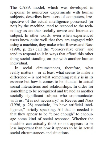 Excerpt from David J. Gunkel "Philosophical contexts and consequences of HMC" in A. Guzman et al "The Sage Handbook of Human Machine Communication" Sage 2023. 