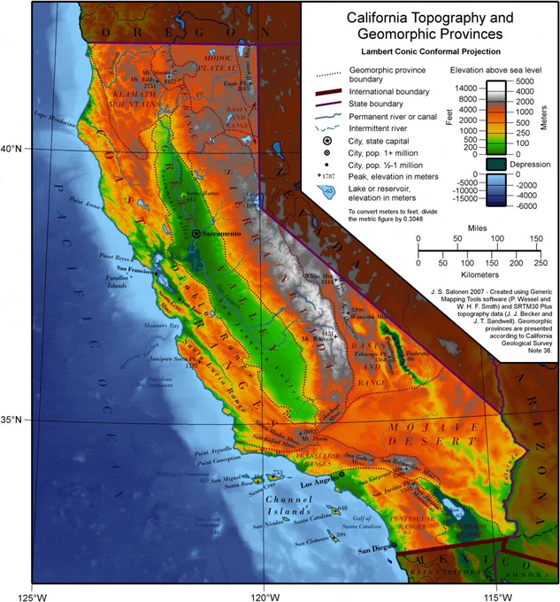 A topographic map of California that emphasizes regions above/below ~1000 feet elevation.