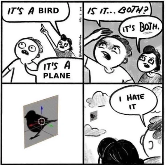 Comic where a person points at the sky saying it’s a bird. Another person says it’s a plane. Then they say is it.. both? It is both! In third picture there’s a Unity plane with a bird silhouette and xyz axis. Persons in comic hate it.