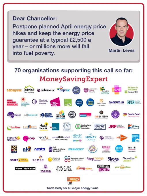 Supporting organisations incl

MoneySavingExpert
RNIB	
Advice for Renters
Advice UK
Age UK
Alex The Leukodystrophy Charity
Alexandra Rose Charity
Arthritis Action
Asthma   Lung UK
Barnardo’s
Big Issue Foundation
Centre for Sustainable Energy
Chartered Institute of Housing
Child Poverty Action Group 
Christians Against Poverty
Citizens Advice
Citizens Advice Scotland
Debt Free Advice
Diabetes UK
Disability Benefits Consortium
Disability Rights UK
End Child Poverty  
End Fuel Poverty Coalition
Energy Action Scotland
Energy UK
Environment Centre Swansea
Epilepsy Action
Fair By Design
Fairer Housing
Family Fund
FareShare
FND Hope UK
Fuel Bank Foundation
Green Alliance
Headway
Huntington’s Disease Association
Independent Food Aid Network
Joseph Rowntree Foundation
Kidney Care UK
Leonard Cheshire
Mencap
MND Association
and more