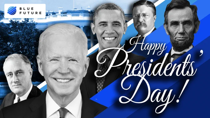 ALT TEXT: Blue white house graphic with black and white cut out images of Presidents Biden, Obama, FDR, Teddy Roosevelt, and Abe Lincoln with the words "Happy Presidents' Day!" in front.