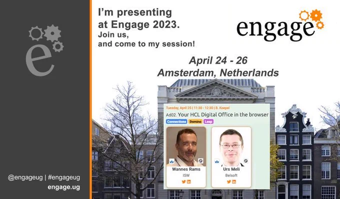 Presenting at Engage UG, picture of Felix Meritis Building and Session information with profile picture of Wannes and Urs
