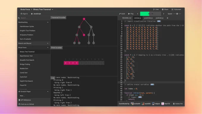 Captura de pantalla de la web de Algorithm Visualizer, donde se puede ver la gráfica que muestra paso a paso cómo funciona.