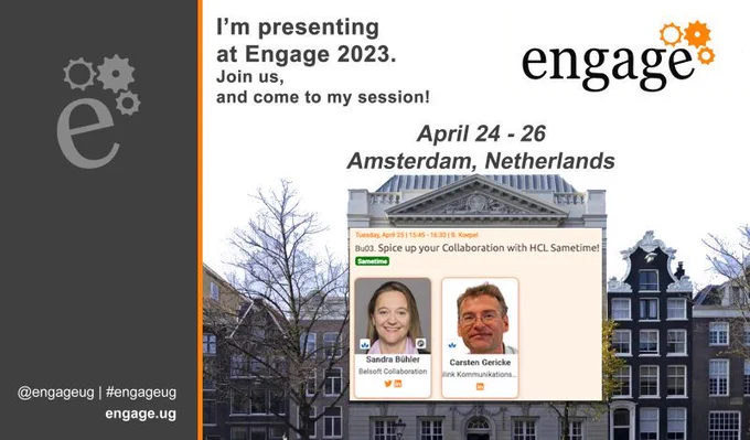 Presenting at Engage UG, picture of Felix Meritis Building and Session information with profile picture of Sandra and Carsten