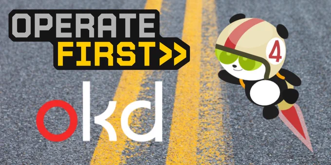 close-up of a street in the background with a yellow middle line; Operate First text logo and OKD text logo on the left side, the OKD mascot on the right, a panda with a white and red helmet, is flying upwards with a backpack rocket