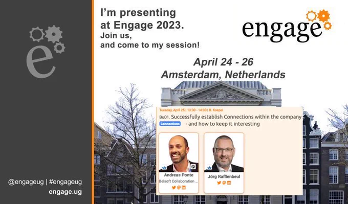 Presenting at Engage UG, picture of Felix Meritis Building and Session information with profile picture of Andreas and Jörg