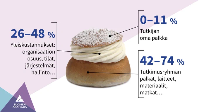 Akatemian hankerahoituksen jakautuminen esitettynä laskiaispullakuvassa: 26 - 48 % Yleiskustannukset; organisaation osuus, tilat, järjestelmät, hallinto.. 0 - 11 % Tutkijan oma palkka sekä 42 - 74 % Tutkimusryhmän palkat, laitteet, materiaalit, matkat..
