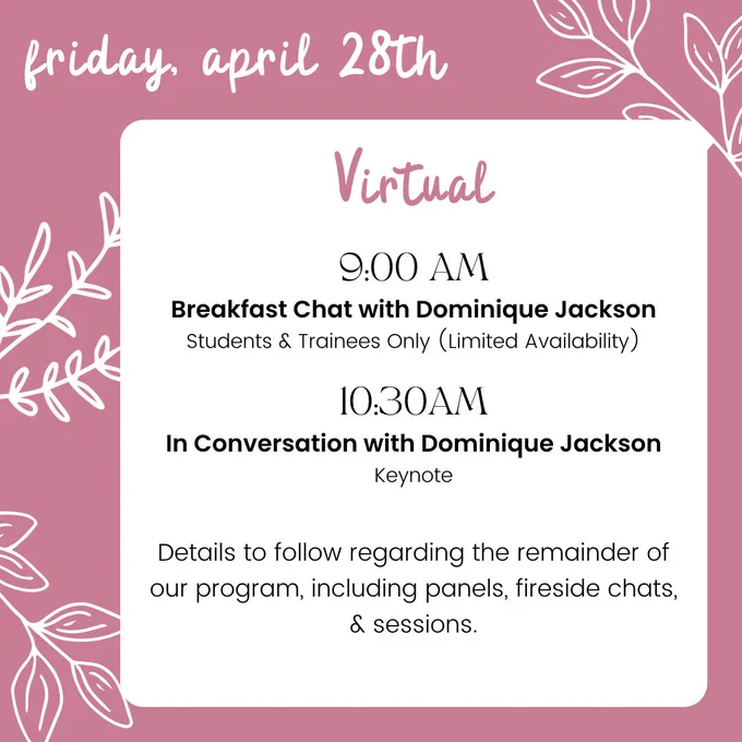 Tile 2: a pink background with the date “Friday, April 28th” in white script in the upper left corner. A white block is in the center with the virtual schedule of events for the day. A white foliage design is around the edges.