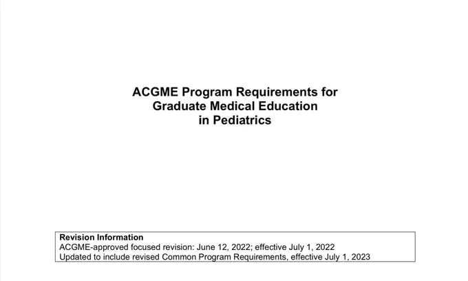 Screenshot of the first page of the ACGME Program Requirements for Graduate Medical Education in Pediatrics.