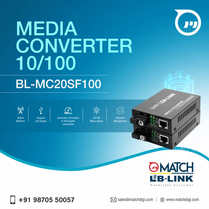 MATCH LB-LINK 10/100 Mbps Adaptive Ethernet fiber converter using switching technology for media conversion, which meets the standards of IEEE802.3, 802.3u, 802.3x. It can conduct mutual conversion between 10Base-T/100Base-TX twisted-pair electrical signal.