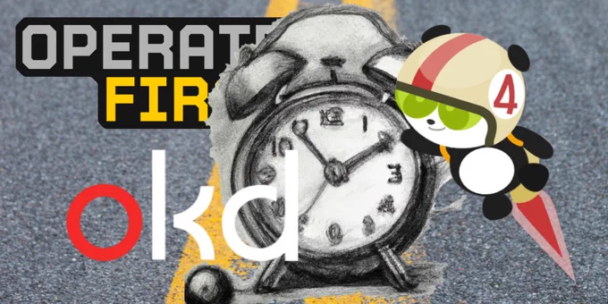 close-up of a street in the background with a yellow middle line and a pencial drawn old time alarm clock; Operate First text logo and OKD text logo on the left side, the OKD mascot on the right, a panda with a white and red helmet, is flying upwards with a backpack rocket