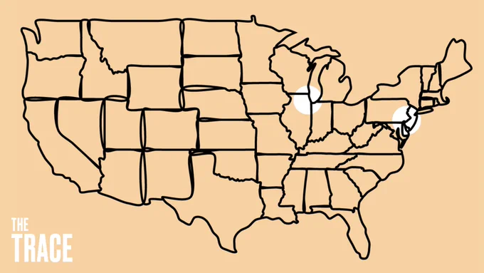 A map of the continental United States with white circles highlighting Chicago and Philadelphia, and a logo for The Trace in the corner, on a light orange background
