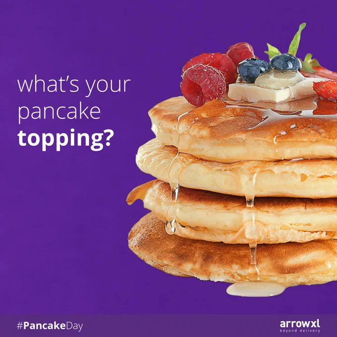 Text: what's your pancake topping? Image: A stack of fluffy pancakes toppes with syrup, butter, blueberries and raspberries