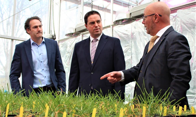 Teagasc’s Head of Environment, Crops and Land Use Programme John Spink [right] and Research Officer Stephen Kildea [left] brief Minister Heydon [centre] on the work that will be carried out on three research projects awarded to Teagasc Oakpark as part of the PRSSC.

Minister Heydon visited Teagasc Oakpark on Tuesday to see research being carried out into sustainable disease control strategies for Irish arable and potato crops.