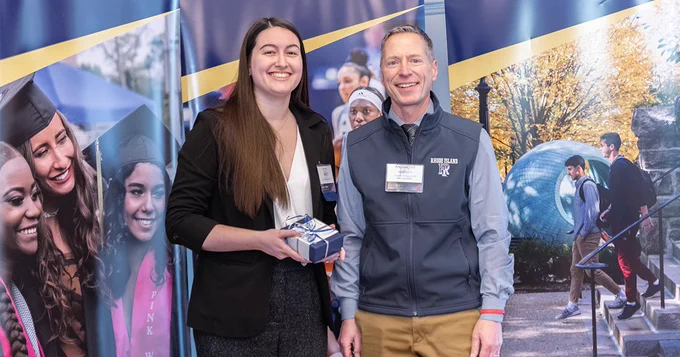 10 Under 10 award recipient, Maeve Story '20, poses with College of Engineering Dean Anthony Marchese, Ph.D.
