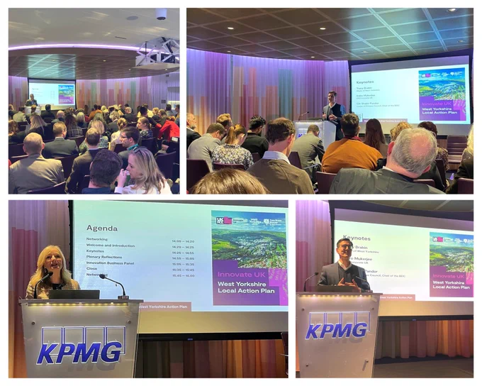 Photo montage of Indro Mukerjee, CEO at Innovate UK & Tracy Brabin, Mayor of WY launching the West Yorkshire Action Plan