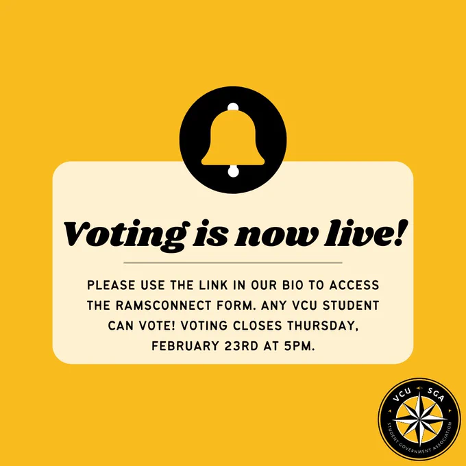 Voting is now live! Please use the link in our bio to access the ramsconnect form. Any VCU Student can vote! Voting closes Thursday February 23rd at 5pm!